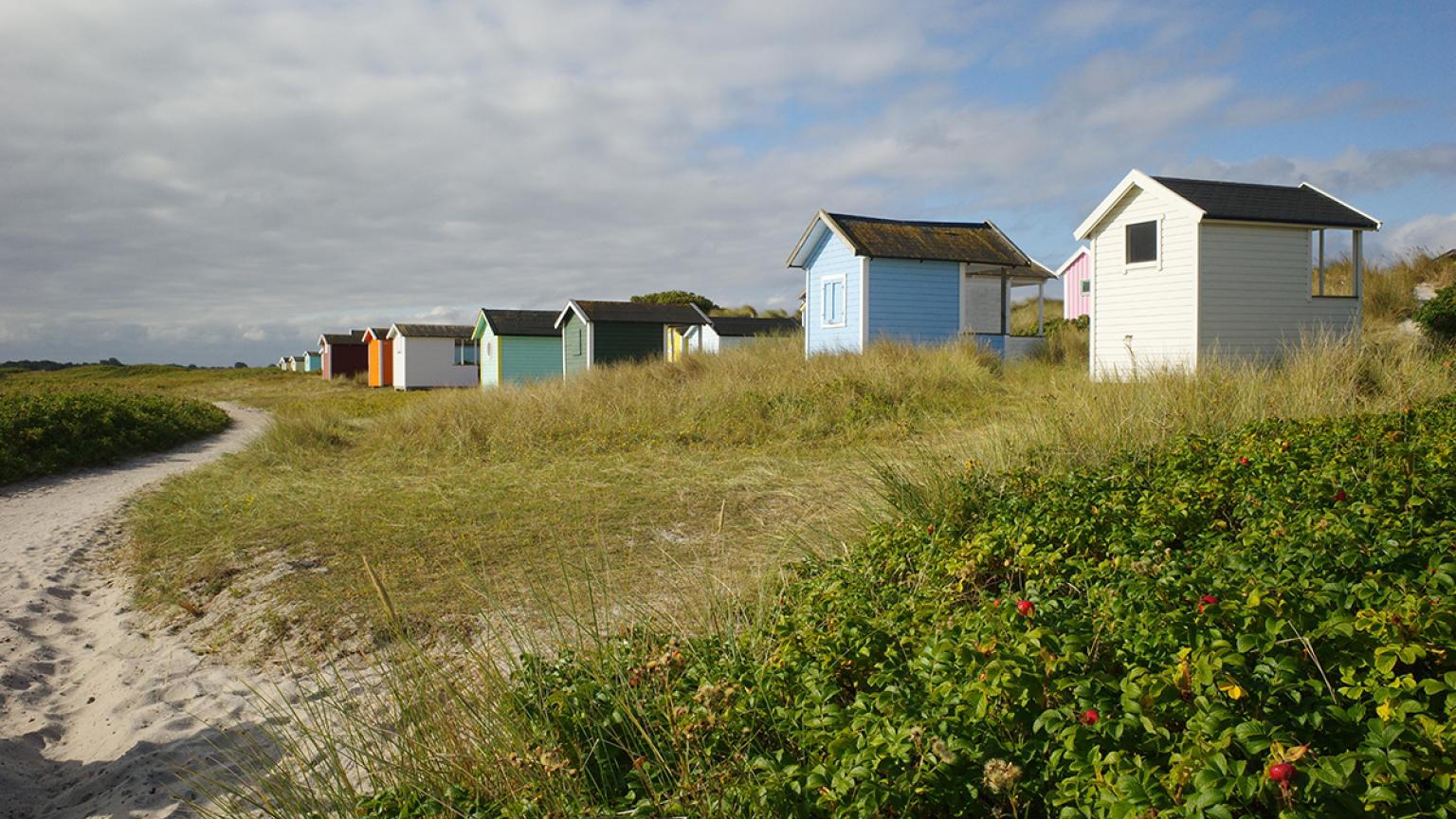 Casetas de playa a lo largo de un paseo en la costa de Skanör-Falsterbo.