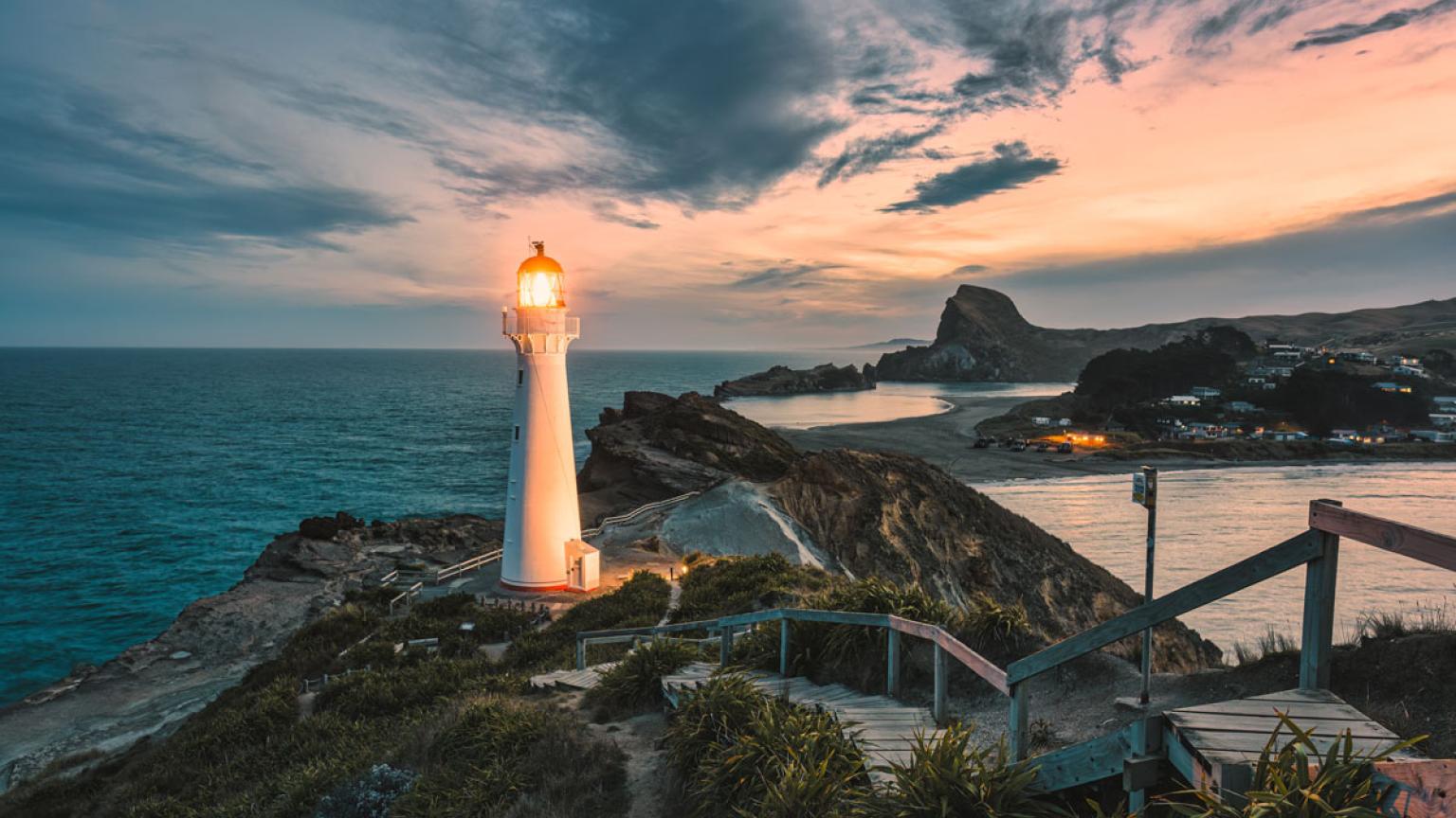 Vista del faro de Castlepoint.