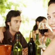 Celebrando con vino un encuentro de viaje entre amigos, España