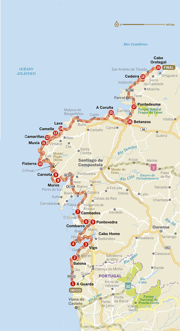 Mapa del itinerario por la costa de Galicia
