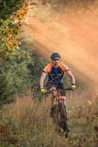 Turismo sostenible: ciclista en la Virginia Mountain Bike Trail, Virginia, costa este de EE UU