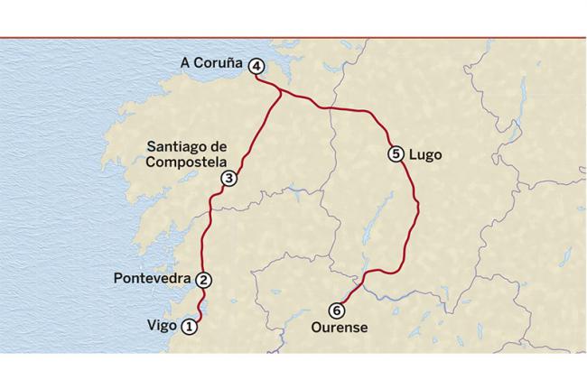 Mapa del itinerario de diez días por las principales ciudades de Galicia, España