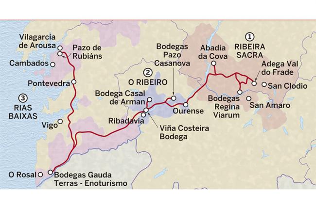 Mapa del itinerario de cinco días para conocer los vinos de Galicia, España