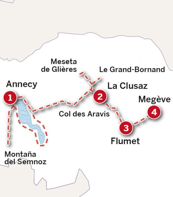 Mapa del itinerario de 5 días de Annecy a Megève