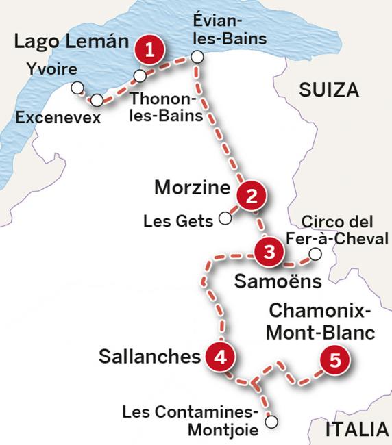Mapa del itinerario de 7 días del lago Lemán a Chamoneix