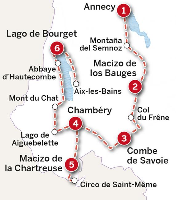 Mapa del itinerario de 8 días de Annecy a Aix-les-Bains