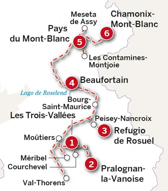 Mapa del itinerario de 14 días de la Vanoise al macizo del Mont Blanc