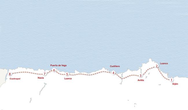 Mapa del itinerario de dos semanas a la vera del Cantábrico, Asturias, España