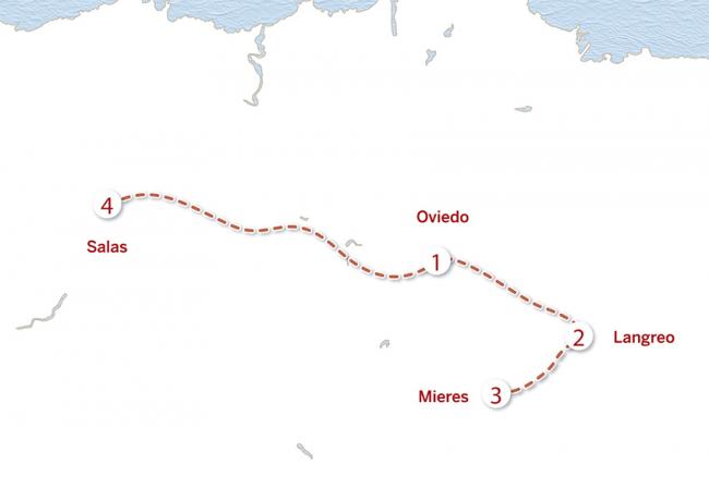 Mapa del itinerario de siete días por la real Oviedo y la minería, Asturias, España