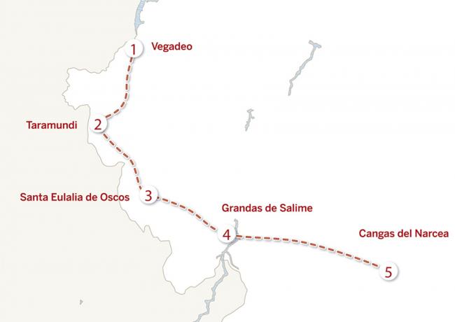 Mapa del itinerario de siete días por el oeste extremo de Asturias, España