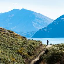 Turista montando en bicicleta en la pista de Glendhu Bay a lo largo del lago Wanaka