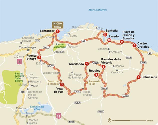 Mapa del itinerario por pueblos y aldeas de Cantabria