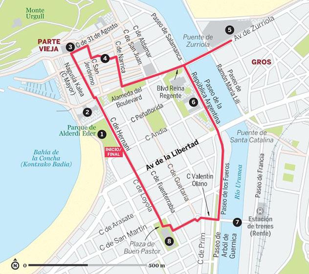 Mapa del paseo a pie por San Sebastián